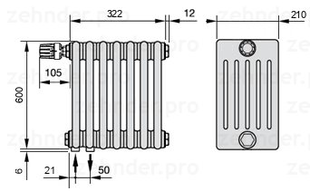 Схема (чертеж) Радиатор Zehnder Charleston 6060/7 №V001 Белый глянцевый RAL 9016